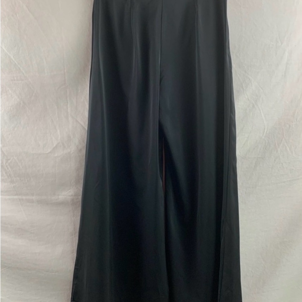 Black Wide Leg Palazzo Pants Size L High Waist Elegant Flowy Trousers - Picture 3 of 4